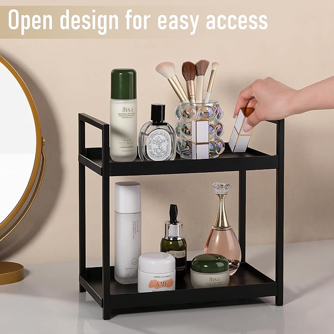 Anyoifax Bathroom Counter Organizer 2 Tier Vanity Storage Countertop Shelf Makeup Organizer Perfume Tray Skincare Holder for Sink, Dresser, Kitchen, Small Black