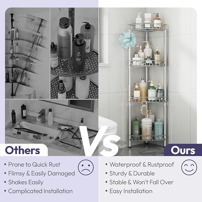 SWTYMIKI Standing Shower Caddy Corner - 4‑Tier Stainless Steel Shower Organizer Shelf with 12 Hooks and Adhesive Pads, Rustproof Corner Shelves Stand Rack for Bathroom Shower Room, Silver