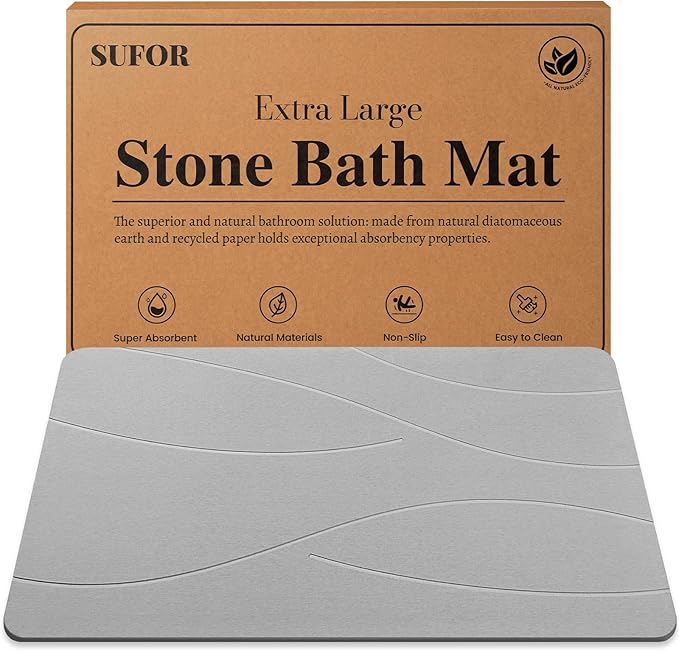 32"x20" Stone Bath Mat, Diatomaceous Earth Shower Mat, Non-Slip Super Absorbent Quick Drying Bathroom Floor Mat, Natural, Easy to Clean (Cloudy Gray)