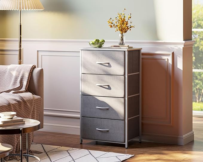 AODK Dresser for Bedroom with 4 Storage Drawers, Small Dressers Chest of Drawers Fabric Dresser with Sturdy Steel Frame, Dressers for Closet with Wood Top, Light Grey