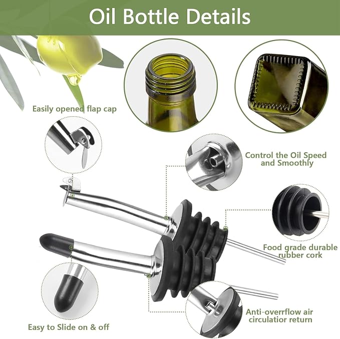Leaflai 2 Pcs Green Glass Olive Oil Dispenser and Vinegar Dispenser Set with 2 Stainless Steel Pourers, 4 Labels, 1 Brush, 1 Funnel (500ml) for Kitchen, Cooking, Salad Dressing, Barbecue, Mixing