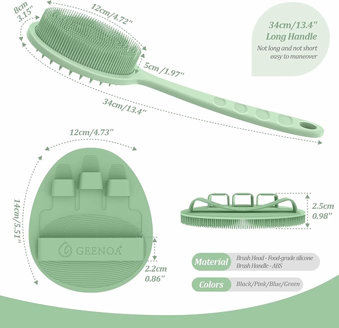 Silicone Back Scrubber & Bath Glove Set 2PCS, 13.4'' Gentle Shower Back Scrubber with Dual-Side Head Non-Slip Handle, 360° Anti-Slip Hand-fit Bath Glove for Rich Foaming Deep Cleaning(Green)