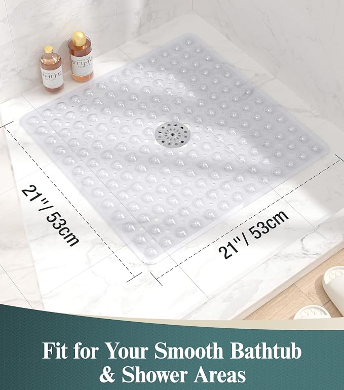 HITSLAM 21x21 Inch Square Shower Mat Non Slip, Anti Slip Bathtub Mat with Strong Suction Cups & Drainage Holes, Machine Washable Bathroom Floor Mat for Inside Shower Stall and Tub, Clear