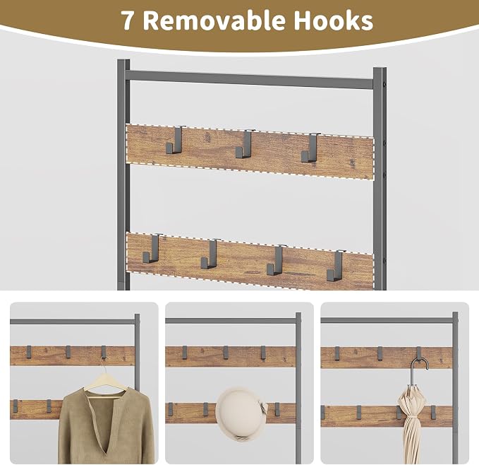 Coat Rack Hall Tree with Shoe Storage, Entryway Hall Tree Storage Bench, Wood Look Accent Furniture with Metal Frame, 3-in-1 Design, Rustic Brown