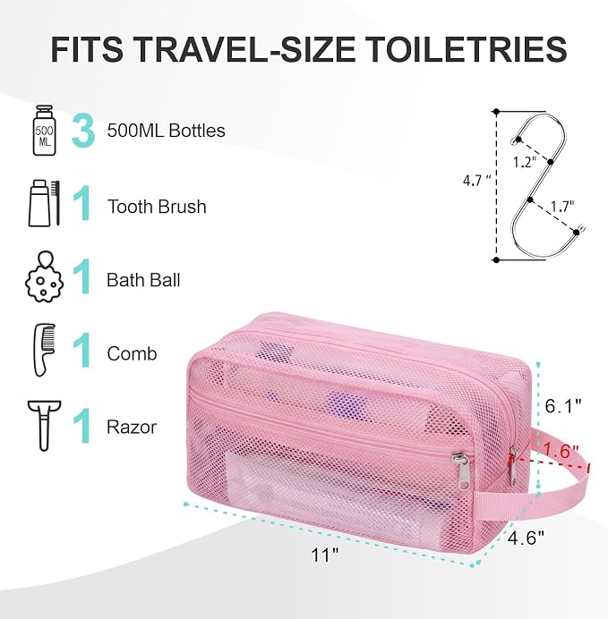F-color Mesh Shower Caddy Portable with Zipper - 2 Pockets Small Shower Bag Tote for Camping, Gym, Travel, Toiletry, Quick Dry Bathroom Essentials with S Hook, Pink