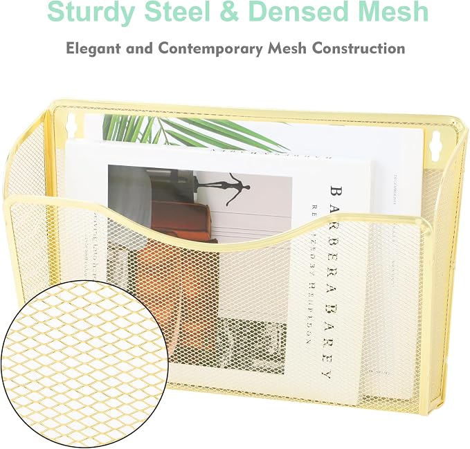 EASEPRES 3 Single Pocket Mesh Hanging File Organizer, Vertical Wall Mounted Magazine File Holder, Mount Basket Mail Paper Document Folder Organizing for Office, Home and School, Gold
