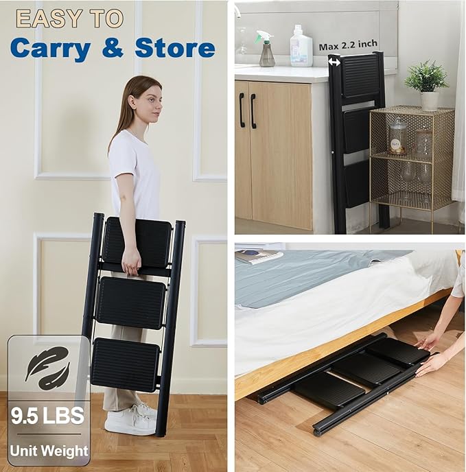 Double Elite Folding 3 Step Ladder, Sturdy 330 Lbs Load Small Step Stool for Adults, Safer Full Steel Multi-use Kitchen Ladder for Home, Closet Step Stool Ladder with Wide Pedals, Black, 3-Step