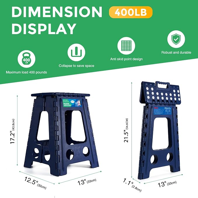 Dyforce 17.5 Inch Folding Step Stool, 400 lbs Heavy Duty Non-Slip Foldable Plastic Step Stool for Adults, Collapsible Stepping Stool with Handle for Kitchen Bathroom Bedroom Office (Royal Blue 1PC)