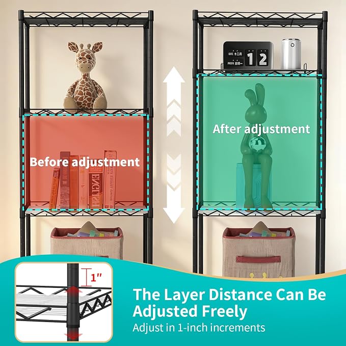 BestOffice | 4-Tier Wire Storage Shelves | 12"D x 18"W x 44"H | Black | with Adjustable Racks PP Liners | Compact Metal Shelf, Holds Upto 600 lbs | Ideal for Kitchens Closets Bathrooms Small Corners