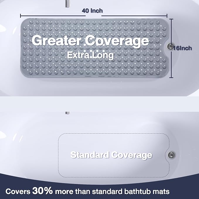 Extra Long Gray Bathtub Mat Non Slip, Soft Bath Mat for Tub 40 x 16 Inch Full Size, Bath Tub Shower Mats for Bathroom Floor with Big Suction Cups and Drain Holes, Easy Washable, BPA Free