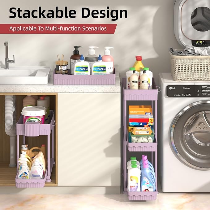 Sevenblue Under Sink Organizer, Bathroom Organizers and Storage, 2 Tier Multi-Use Pull Out Cabinet Organizer with Hang Hooks and Cups (Pink, 4 Pack)