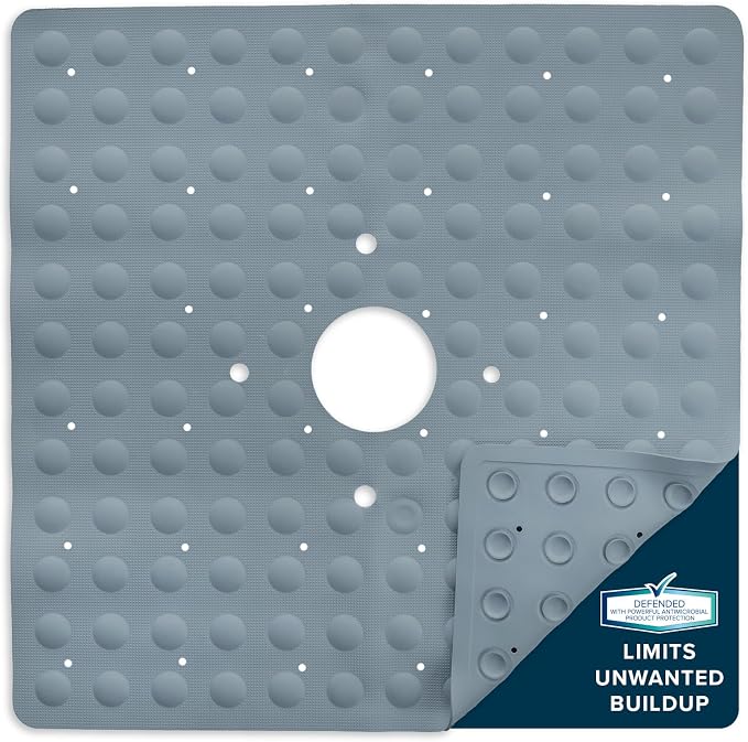 SlipX Solutions Square Natural Rubber Shower Stall Mat, 21” x 21”, Mildew Resistant, Non Slip Safety, Antimicrobial Product Protection, 140 Power Grip Suction Cups, Center Drain Hole, Gray