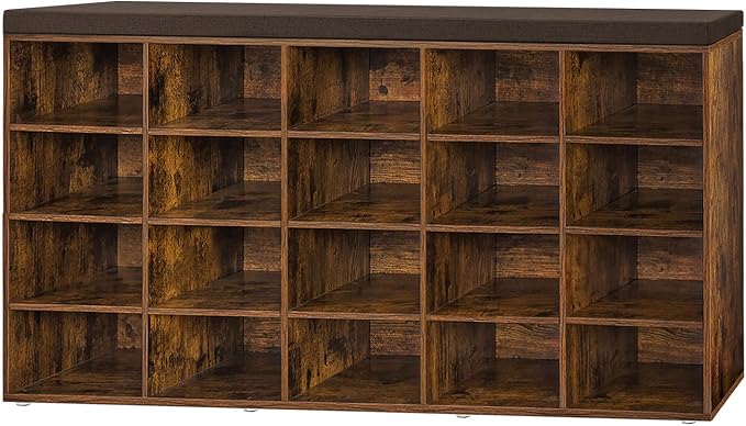 DINZI LVJ Shoe Storage Bench, 20-Cubby Shoe Rack Bench with Cushion, Fully Adjustable Shelves, Shoe Organizer for Closet, Entryway, Mudroom, Hallway and Garage, Rustic Brown