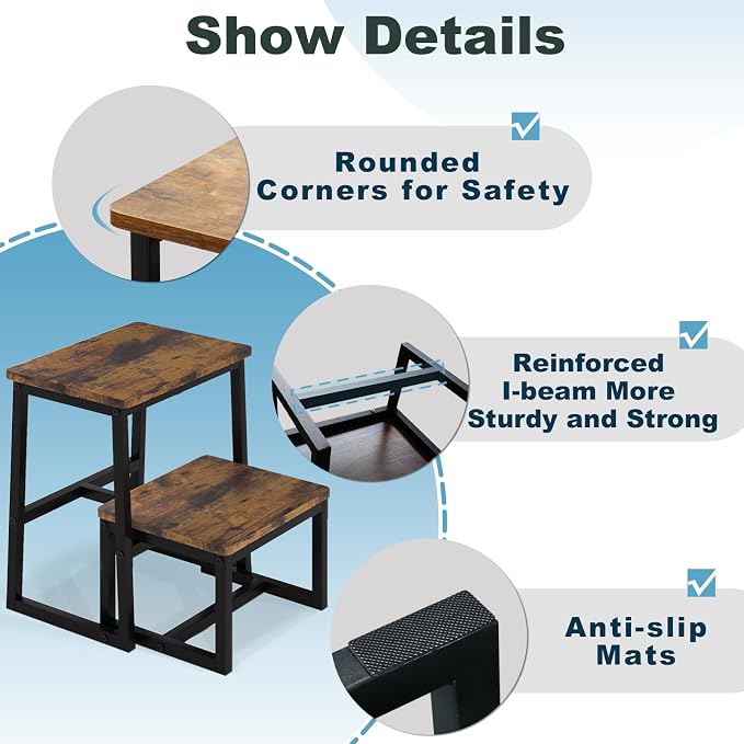 2 Step Stool for Adults Wooden Step Stool with 500 Lbs Capacity, 3 in 1 Heavy Duty Sturdy Stepping Stools Bedside Foot Stool for Kichen/Bathroom/Bedroom High beds, Non-Slip Pads