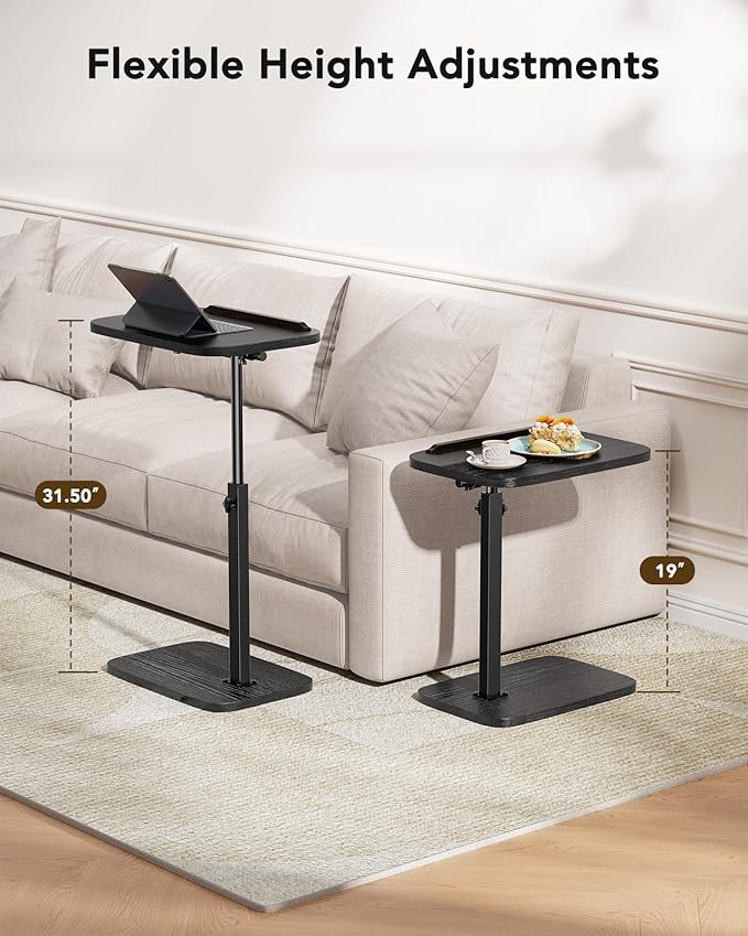 HUANUO Adjustable TV Tray, Height Adjustment TV Trays with 360° Swivel and 90° Tilt, Sturdy & Multi-Functional Sofa Table with Anti-Slip Bar, Space-Saving Side Table for Couch, Bedside, and Dining Use
