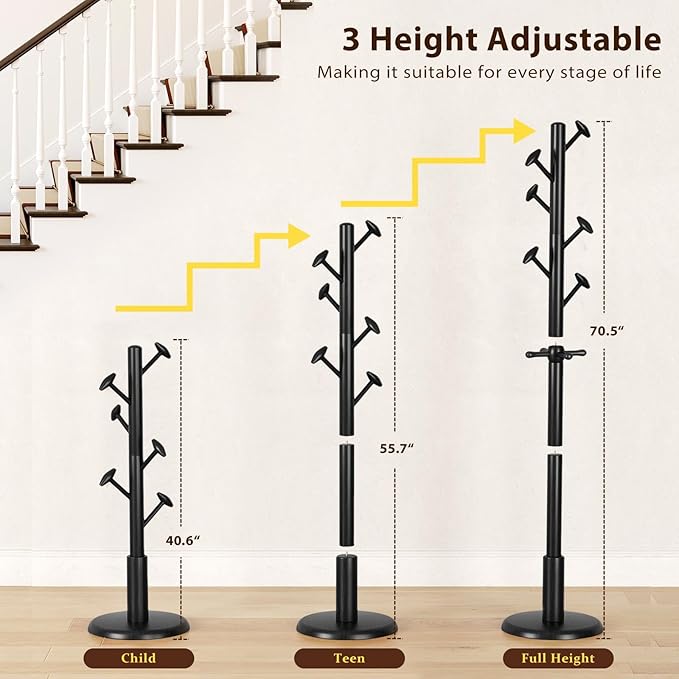 Taitiy Solid Wood Coat Rack Freestanding Coat Tree with 10 Hooks for Bedroom, Livingroom, Entryway, Sturdy Coat Hanger Stand for Hats, Coats, Scarves, Handbags, Purses