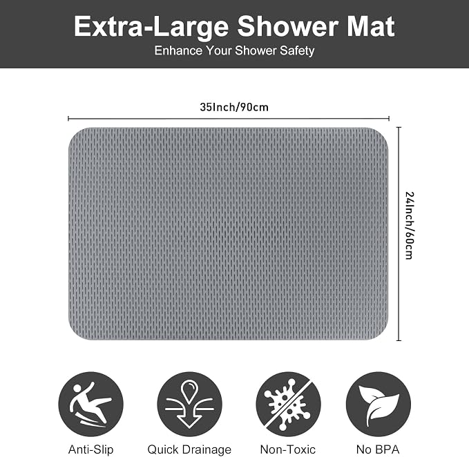 Non Slip Shower Mat: 35"x24" Extra Large Shower Mats for Inside Shower, Trimmable PVC Anti Slip Shower Stall Mats, No Odor, Quick Drying Shower Mats for Floor, Bathroom, Home, Kitchen, Hotel