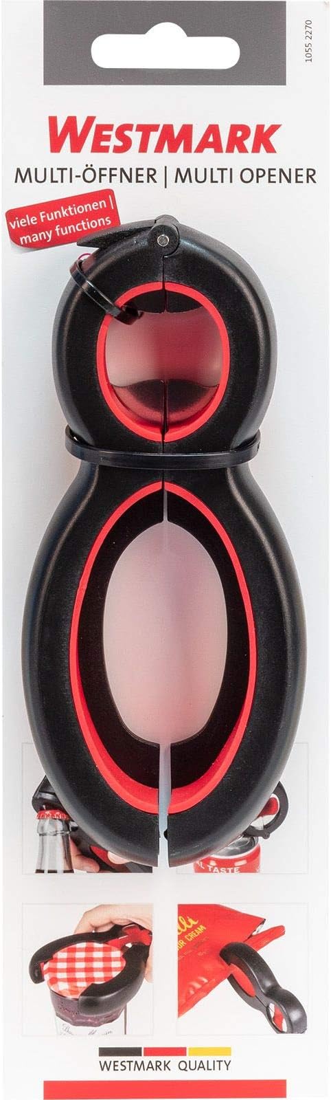Westmark Multi-Opener, Rubberised Inner Surface, 14 x 6 cm, Stainless Steel/Plastic, Black/red, 10552270