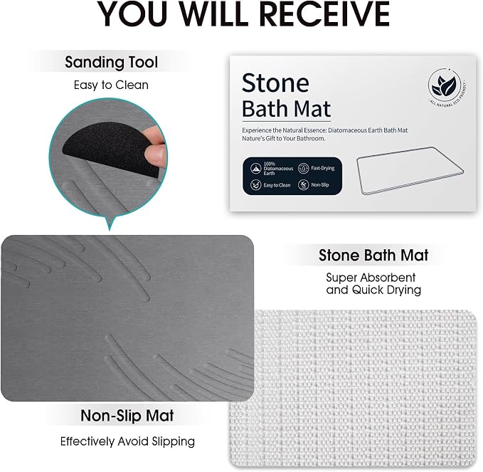 ZIKIBL Stone Bath Mat Diatomaceous Earth Shower Mat Non-Slip Super Absorbent Diatomite Stone Mats for Bathroom Floor/Ktichen Cuonter Quick-Drying Easy to Clean (24''*16'' Grey-Feather)