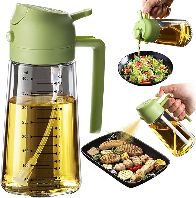 TrendPlain 16oz/470ml Glass Olive Oil Sprayer for Cooking – 2 in 1 Olive Oil Dispenser Bottle for Kitchen Gadgets and Air Fryer Accessories, Salad, BBQ - Green
