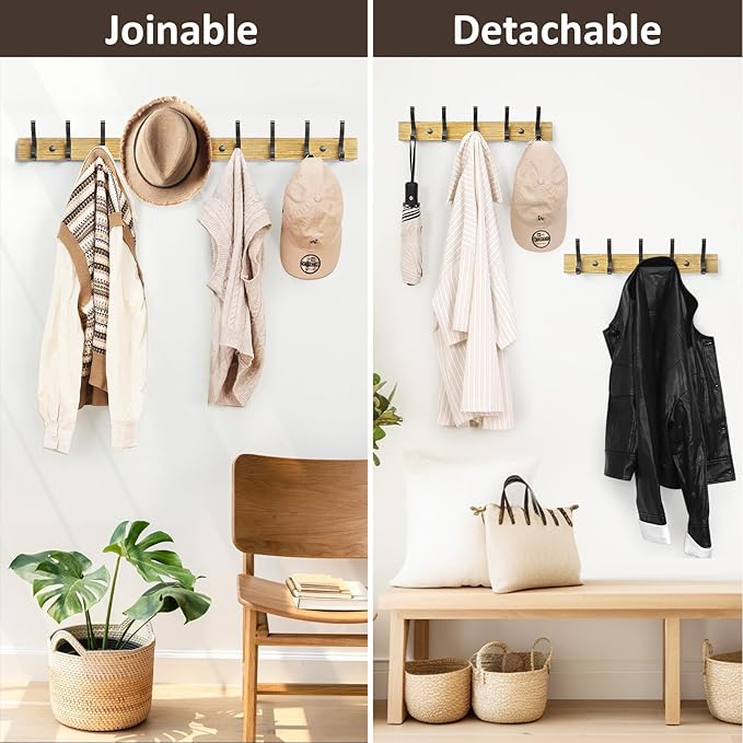 Optish Coat Rack Wall Mount, 16.5 Inches Wood Coat Hooks Wall Mount, Wall Coat Rack with 5 Hooks, Hat Rack Wall Hooks for Hanging Coat, Bag, Towel (2Pack, Natural)