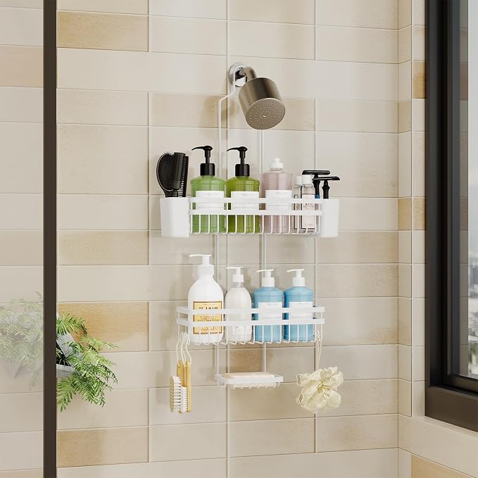 Shower Caddy Hanging for Bathroom Organizers and Storage, 3 Tier Adjustable Anti-Swing Shower Organizer hanging with Heavy-Duty Suction Cups, Damage-Free Rustproof (White)