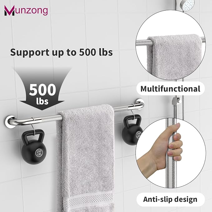 3 Pack Shower Grab Bar for Commercial, Munzong 18" 36" 42" Chrome Bathroom Grab Bar Bundle, 1.25" Diameter Anti Slip Handicap Balance Bar,Safety Hand Rail for Elderly Injury Senior Bath Handle