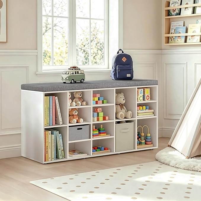 DINZI LVJ Shoe Storage Bench, 20-Cubby Shoe Rack Bench with Cushion, Fully Adjustable Shelves, Shoe Organizer for Closet, Entryway, Mudroom, Hallway and Garage, White