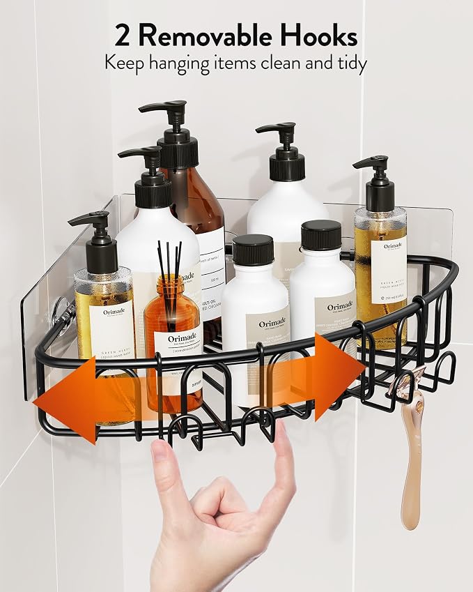 Orimade Corner Shower Caddy Stainless Steel with Hooks Wall Mounted Bathroom Shelf Storage Organizer Adhesive No Drilling 2 Pack, Black Only for 90-Degree Corner
