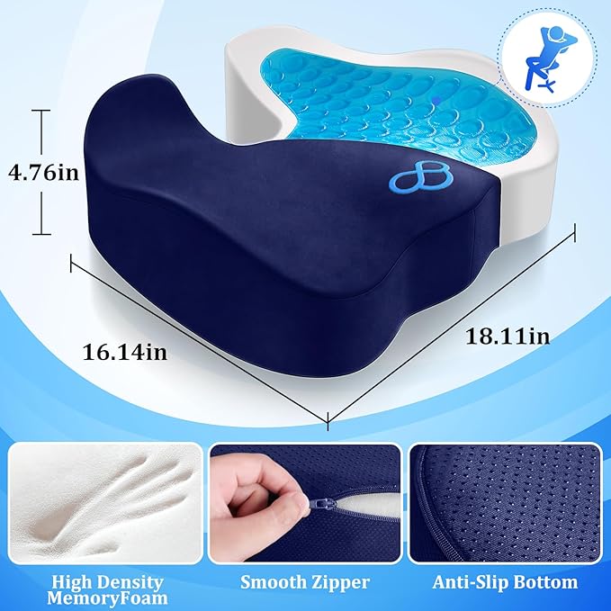 CushyOasis Seat Cushion, Gel Chair Cushions, Office Chair Cushions, Anti-Slip Bottom & Removable Cover Tailbone Pain Relief Cushion, Memory Foam Seat Cushion for Office, Wheelchair, Car (Blue)