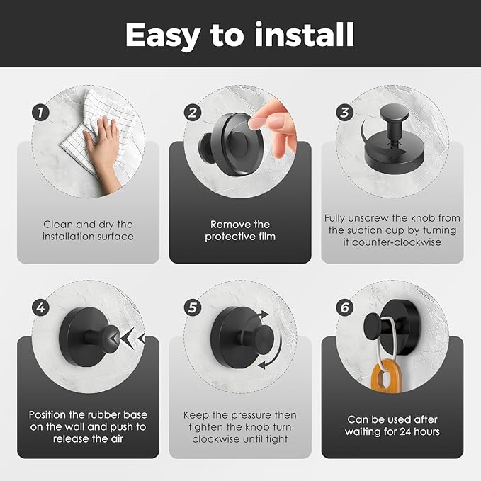 Shower Hooks for Inside Shower,Suction Cup Hooks for Glass Window,Removable Towel Hooks for Bathrooms,6 Packs(Black)