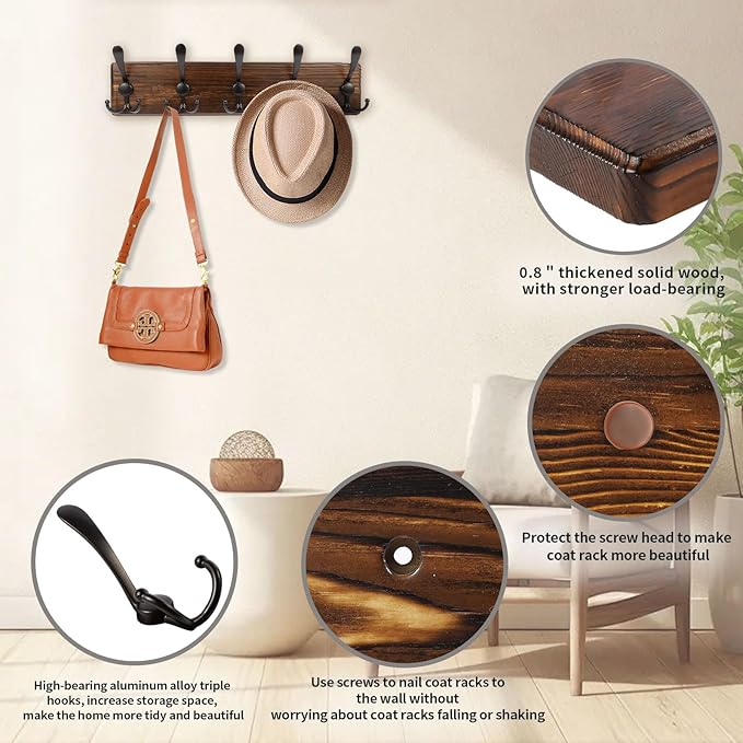 2 Pack Coat Rack Wall Mount 16.8'' Rustic Hat Rack with 5 Triple Hooks Coat Hooks Wall Mount Farmhouse Wall Hooks for Hanging Coat, Bags, Towels