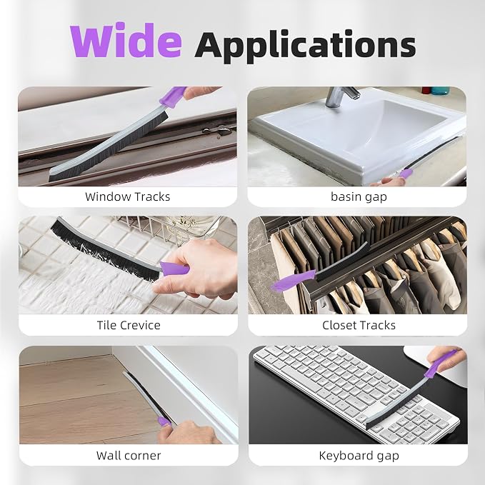FOOGWEE Hard Bristle Crevice Cleaning Brush - Cleaning Supplies - Grout Cleaning Brushes for Household Use - Crevice Cleaning Tool for Bathroom, Home and Kitchen (3, Purple)