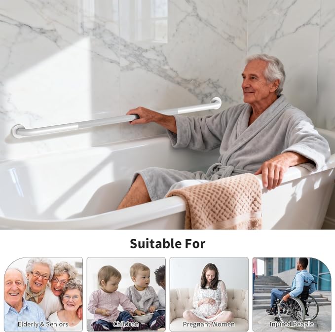48 Inch Anti Slip Shower Grab Bar, Munzong Bathroom Grab Bar for Showers, White Knurled Handicap Balance Bar,Safety Hand Rail Support Elderly Senior Assist Bath Handle