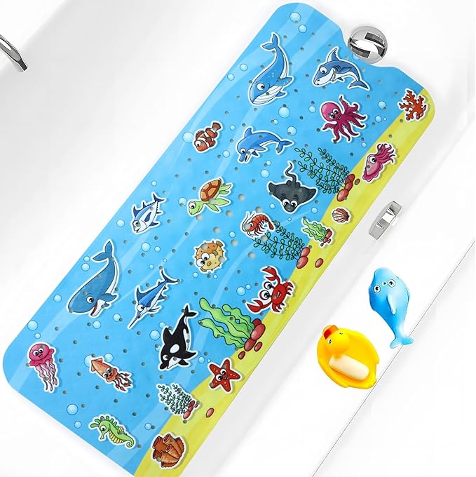 Bath Mat for Tub Non Slip Baby Kids Bathtub Mat Extra Long 40X16 Inch Anti Slip Toddler Shower Mat with Suction Cups & Drain Holes, Machine Washable,Ocean World
