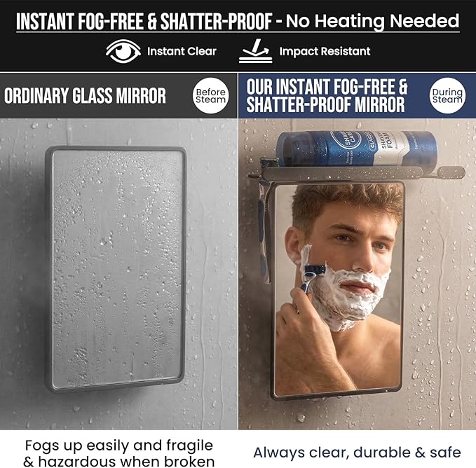 TAILI Shower Mirror Fogless for Shaving with Razor Holder, Anti-Fog with Powerful Suction Wall Mounted for Bathroom, Makeup Shave Mirror for Men & Women, Shatterproof & Removable, Grey