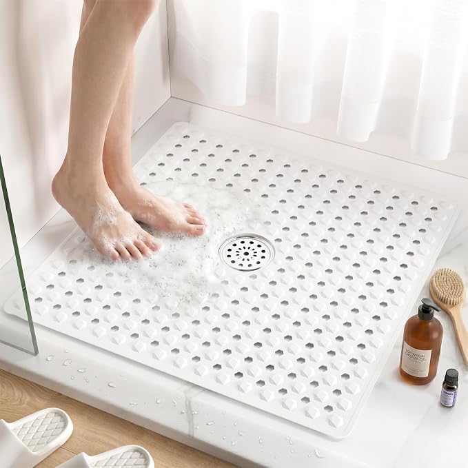 HITSLAM Non Slip Shower Stall Mat with Center Drain Hole, Diamond Textured PVC Bath Mat for Inside Shower, Machine Washable, Strong Suction Cups for Bathroom Bathtub Mat, 24x24 Inch, White