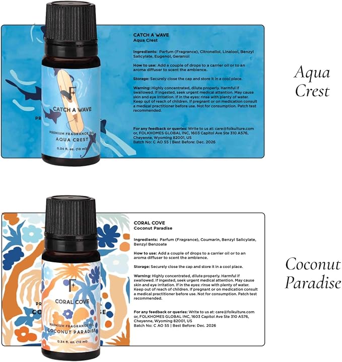 Folkulture Beach Essential Oil Set of 6 | Summer Essential Oils for Diffusers for Home, Humidifiers, Aromatherapy | Neroli, Grapefruit Fragrance Oil for Diffuser, Candle, Soap Making - Summer Vibes