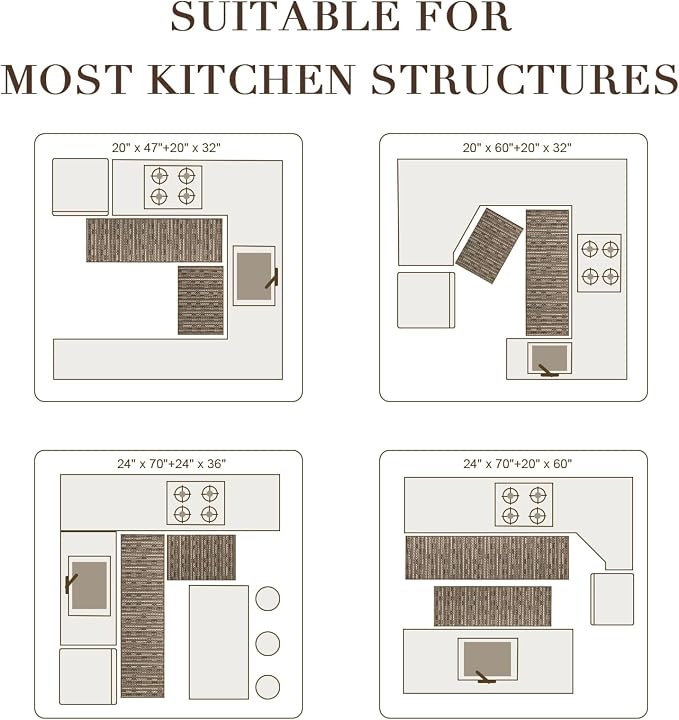 Kitchen Rugs Sets of 2-Non Slip Kitchen Mats for Floor-Thick Stain Resistant Vintage Kitchen Floor Mat Runner Carpet for Hallways Entryway Laundry Room Washable（Brown 24"x70"+20"x47"）