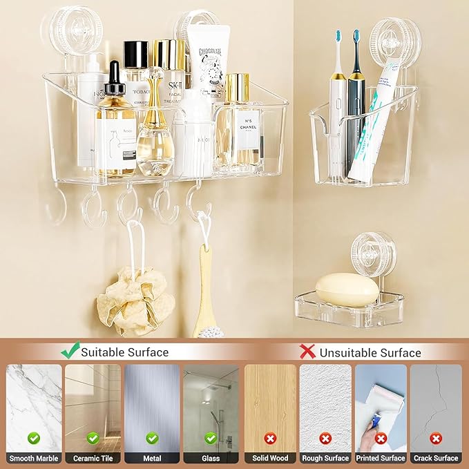 LUXEAR Suction Cup Shower Caddy Clear - Shower Caddy+Soap Dish+Toothbrush Holder - 1 Second Installation NO-Drilling Removable Powerful Waterproof Shower Organizer for inside Shower Bathroom