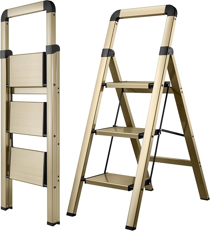Step Ladder 3-Step Champagne Finish Aluminum Folding Ladders