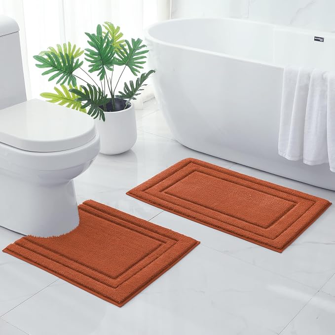 HOMEIDEAS Bathroom Rugs Sets 2 Piece, Super Soft and Absorbent Non Slip Microfiber U-Shaped Toilet Bath Mat Set (20"x32"+U20 x24, Burnt Orange)