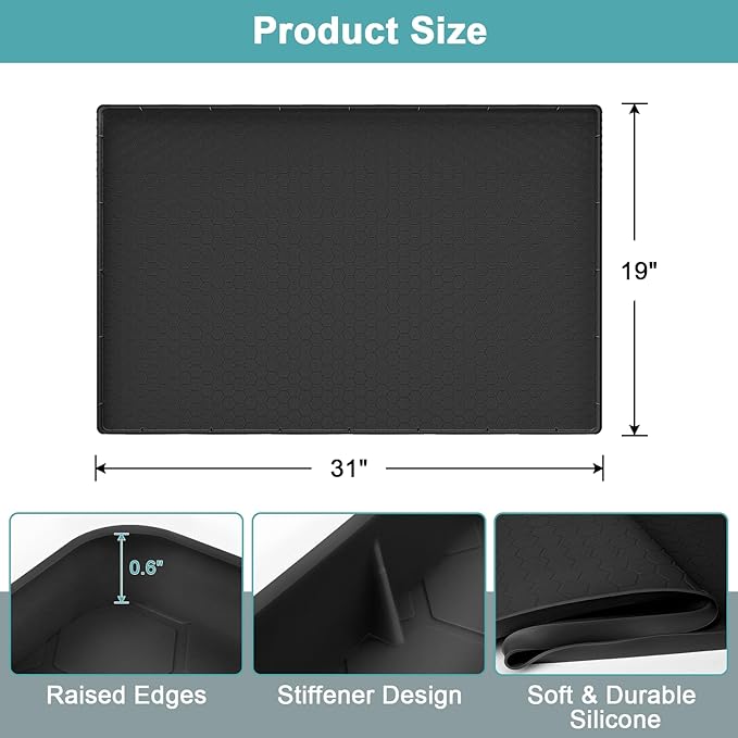 Undersink Waterproof Mat 31" x 19", Silicone Under Kitchen Sink Mat with Raised Edges, Under The Sink Organizer for Kitchen and Bathroom Leak Protection Black
