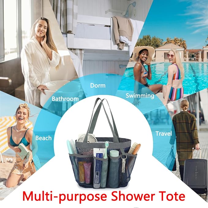 Fammart Mesh Shower Caddy Portable for College Dorm Room Essentials, Odorless Polyester Large Shower Tote Bag with Dual Handles, 8-Pocket Quick-Dry Toiletry Organizer for Travel, Beach, Camping, Gym