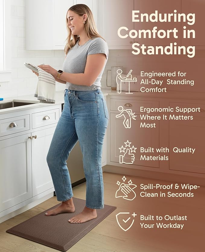 Ophanie Kitchen Mats for Floor, 1/2 Inch Thick Kitchen Rugs, 20x32 Anti Fatigue Standing Cushioned Mat, Waterproof,Comfort Ergonomic Mat for Office, Home, Sink, Brown Non-Slip Bottom