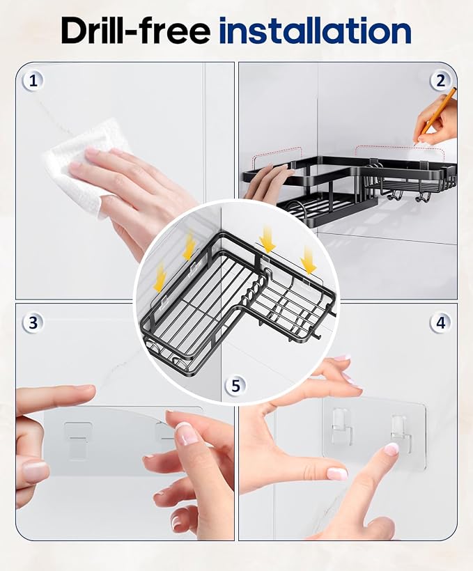 3 Pack Corner Shower Caddy Organizer, Rustproof Corner Shower Shelves, No Drilling Bathroom Corner Shelf with Hooks and Toothpaste Holder