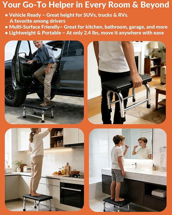 Step Stool, 440 lbs Heavy Duty Stainless Steel, Non-Skid HDPE Platform for Adults, Lightweight Portable Foot Stool for Kitchen Bathroom Bedroom RV Home Office