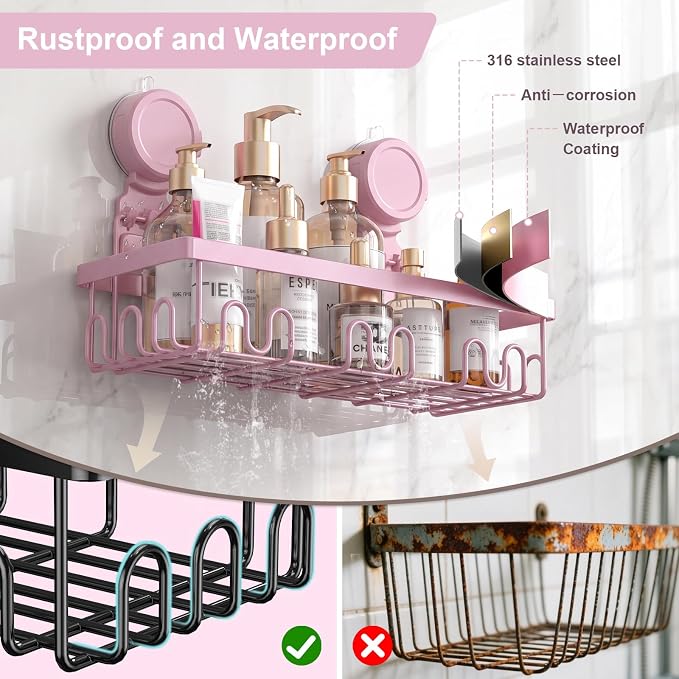 JOTPE Pink Shower Caddy Suction Cup 2 Pack with Hooks, No Drilling Shower Organizer for Bathroom with Large Capacity, Heavy Duty Suction Strong Hold, Waterproof & Rustproof Metal Storage Basket
