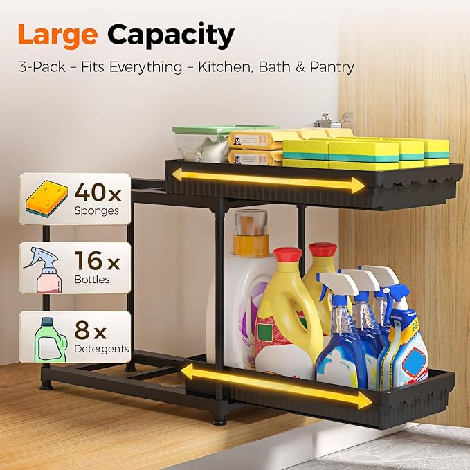 Sevenblue 3 Pack Under Sink Organizer, 2 Tier Pull Out Bathroom Cabinet Organizer, Multi-Purpose Storage Shelf for Kitchen (2-Tier Sliding, 14.8 Inch)