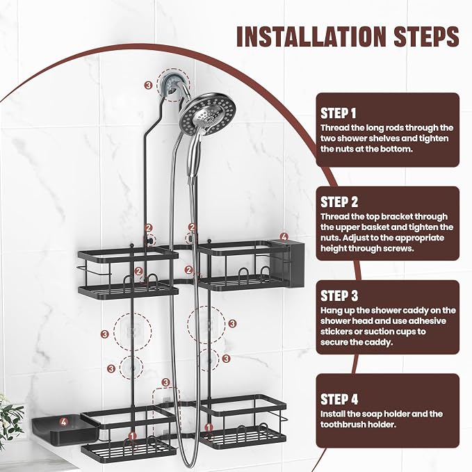 REINHARDT Adjustable Shower Caddy Hanging Rustproof Shower Caddy for Handheld Showerheads, Shower Organizer with Hooks Soap Holder Toothbrush Holder, Anti-Swing Shower Rack Bathroom Accessories, Black